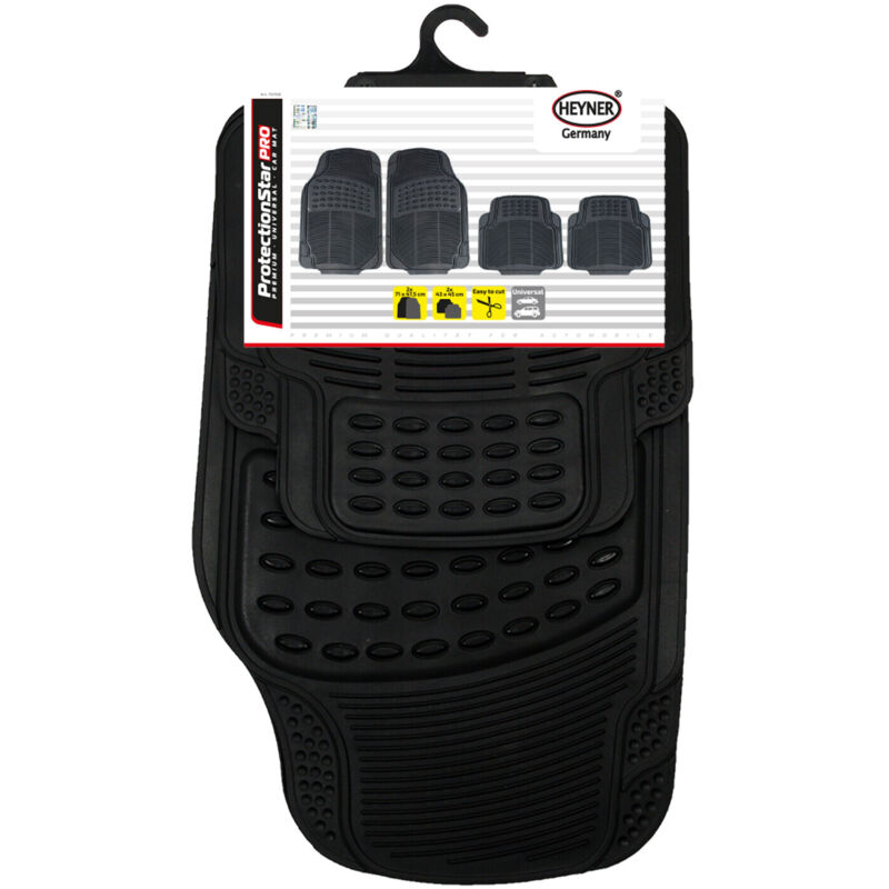 HEYNER® Auto Gummifußmatte 4er-Set schwarz Universal zuschneidbar Gummimatten Gummi-Fußmatten Gummi mit Haltenoppen Fahrer Beifahrer vorne hinten