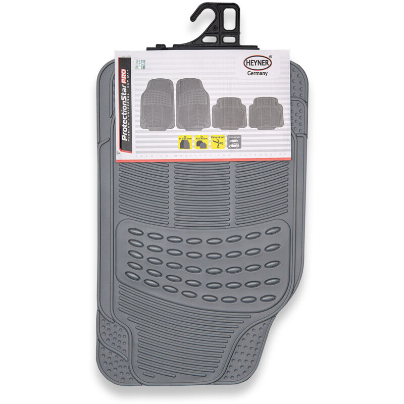 HEYNER® Auto Fußmatte 4er-Set grau Universal zuschneidbar Gummimatten Gummi-Fußmatten Gummi mit Haltenoppen Fahrer Beifahrer vorne hinten