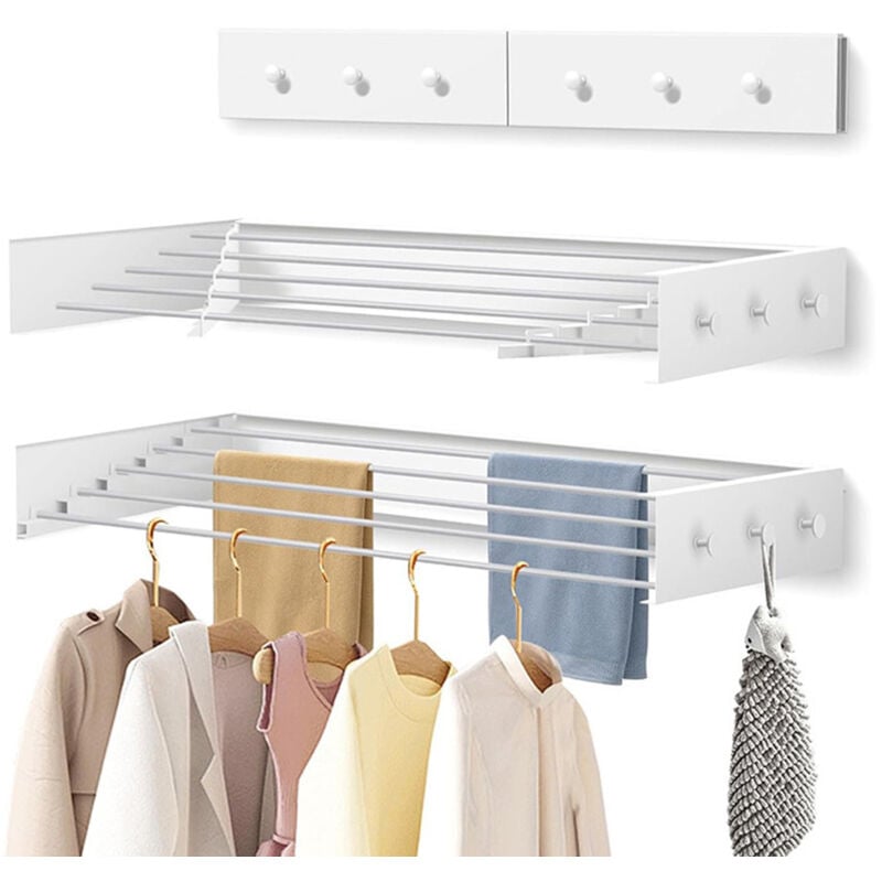 Wäscheständer Wand mit 6 Knaufhaken, 80cm Faltbares Ausziehbar Wäschetrockner mit 5 Edelstahl Trocknungsstäben,für den Innen- und Außeneinsatz