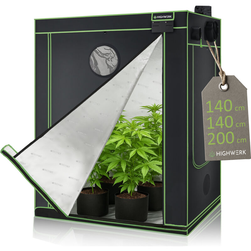 Highwerk - Growzelt 140 x 140 x 200 cm, Indoor Grow tent, schwarz grün, Homegrow, Growschrank, Pflanzenzelt