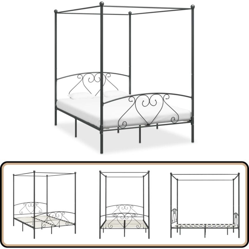 Himmelbett-Gestell Grau Metall 140 x 200 cm - Himmelbett Gestell - Metallbettrahmen - Doppelbett Rahmen - Boxspring Bett - Bettgestell Grau