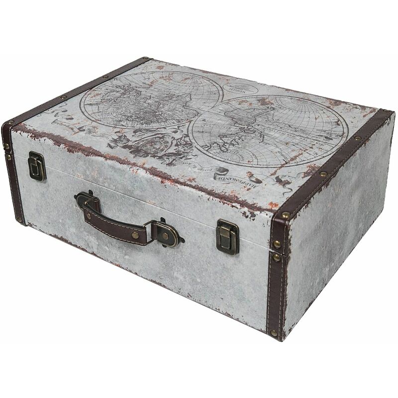 HMF - VKO101 Holzkoffer im Vintage-Design, Weltkarte, 44 x 32 x 16 cm