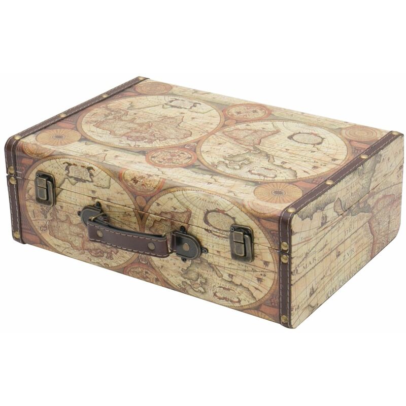 VKO104 Holzkoffer im Vintage-Design, Weltkarte Farbe, 38 x 26 x 13 cm - HMF