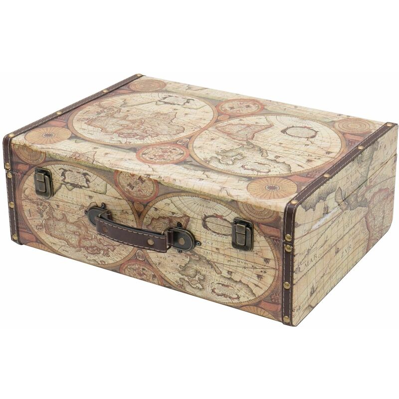VKO104 Holzkoffer im Vintage-Design, Weltkarte Farbe, 44 x 32 x 16 cm - HMF
