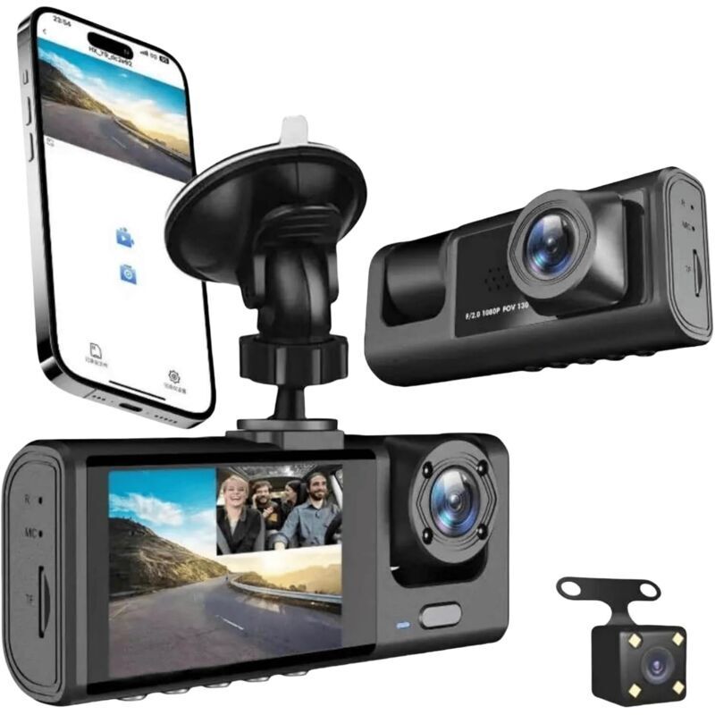 Hochauflösende 1080p-Dashcam, 3-Linsen-Fahrrekorder, Wi-Fi-App-Steuerung, Weitwinkelaufnahmen vorne, hinten und im Fahrzeuginneren.