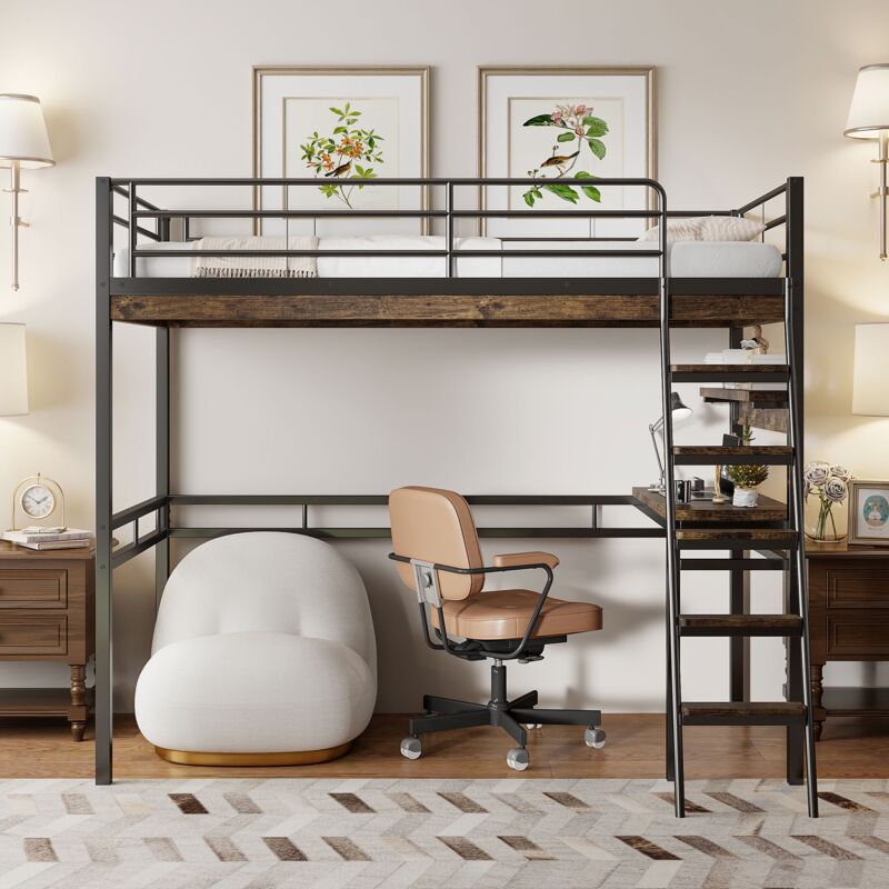 Hochbett 90x200 cm, Bett mit Schreibtisch, Aufbewahrungsregalen, Sicherheitsgitter, Treppe, Eisenkonstruktion, Metallbettgestell, Kinderhochbett