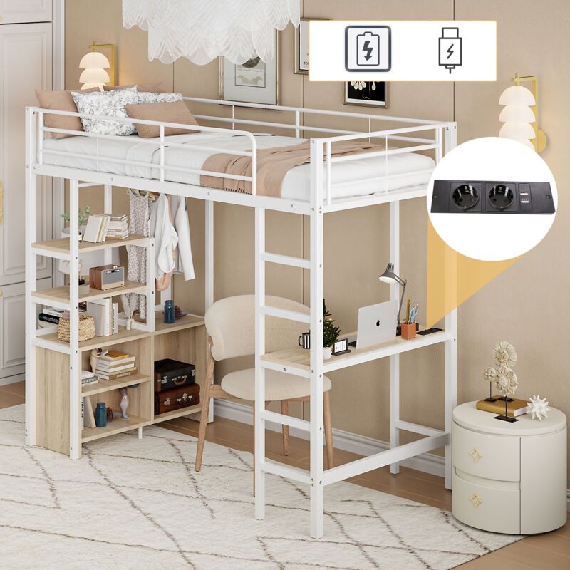 Hochbett 90x200 cm, Bett mit Schreibtisch und USB-Anschlüssen, mehreren Regalen, offenen Aufbewahrungsschränken,Sicherheitsgitter, Treppe - Weiß