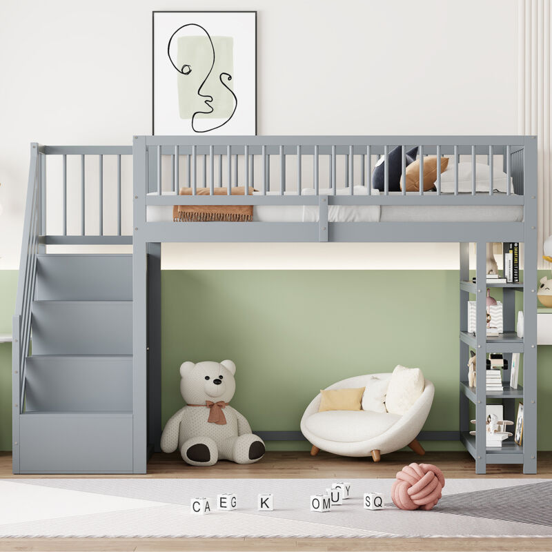 Hochbett 90x200 cm, Kinderbett mit Kleiderstange und Stauraum, Sicherheitsleiter, Ausfallschutz-Gitter, Lattenrost, modernes Design, Massivholz, Grau