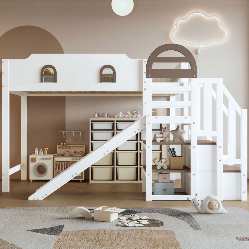 Hochbett 90x200 cm, Kinderbett mit Rutsche, Treppe mit 2 Staufächern, Anti-Fall-System, Holzlattenrost, Stauraum, Kiefer, für Jugendliche und
