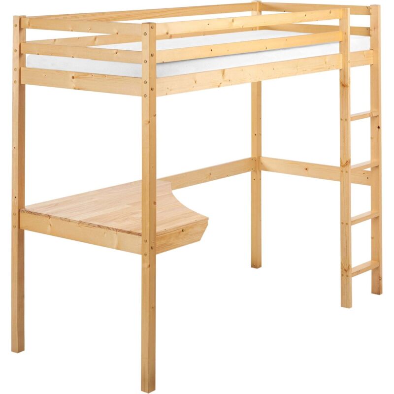 Hochbett Hellbraun aus Kiefernholz 90 x 200 cm mit Schreibtisch Lattenrost Etagenbett Stockbett für Kinderzimmer