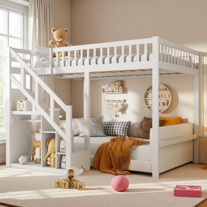 Lit Mezzanine Kinder 90x200cm Poliertes Weiß - Etagenbett 1 Platz Loft Jugend mit Speicherleiter und Holzstern-Schutz