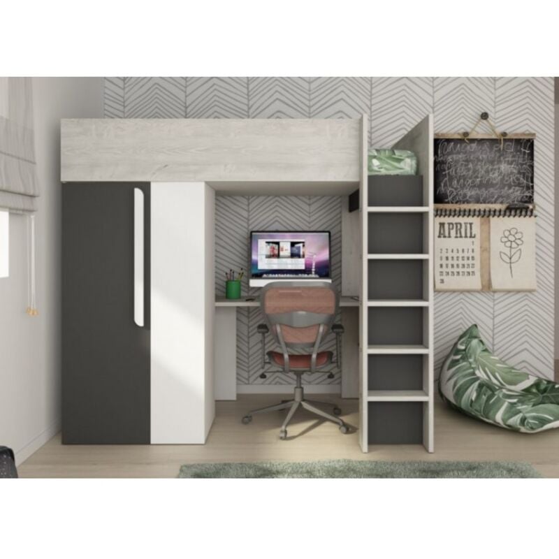 Hochbett 205x183 cm mit Kleiderschrank und Schreibtisch in Graphitschwarz, Mattweiß und Eiche - Armenia