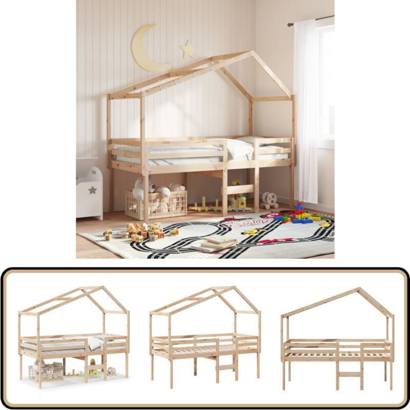 Hochbett mit Dach 80x200 cm Massivholz Kiefer - Kinderbett - Hochbett - Holzbett - Kiefernholzbett - Jugendzimmer