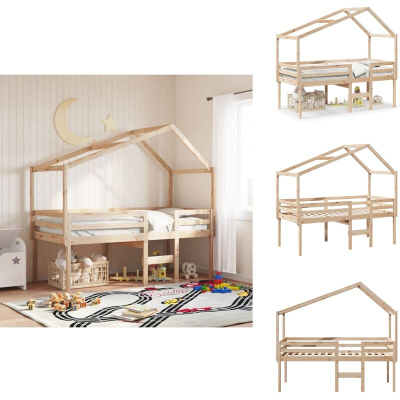 Hochbett mit Dach 90x190 cm Massivholz Kiefer - Kinderbett - Hochbett - Holzbett - Kiefernholzbett - Jugendzimmer