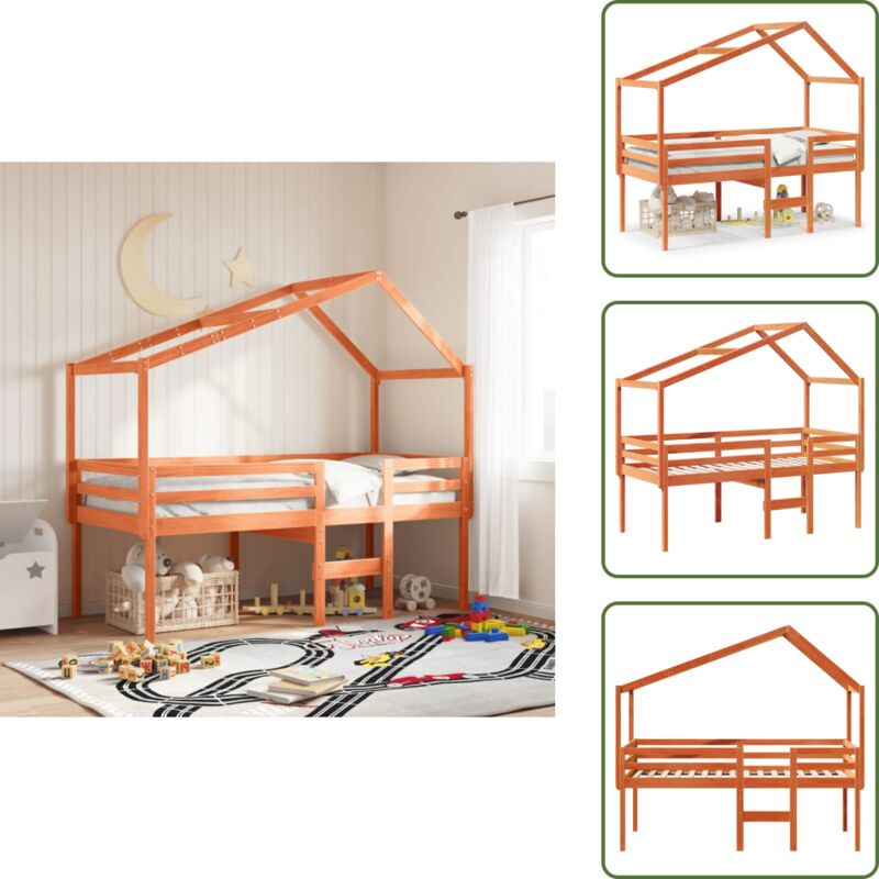Hochbett mit Dach Wachsbraun 80x200 cm Massivholz Kiefer - Kinderbett - Hochbett - Holzbett - Kiefernholzbett - Jugendzimmer