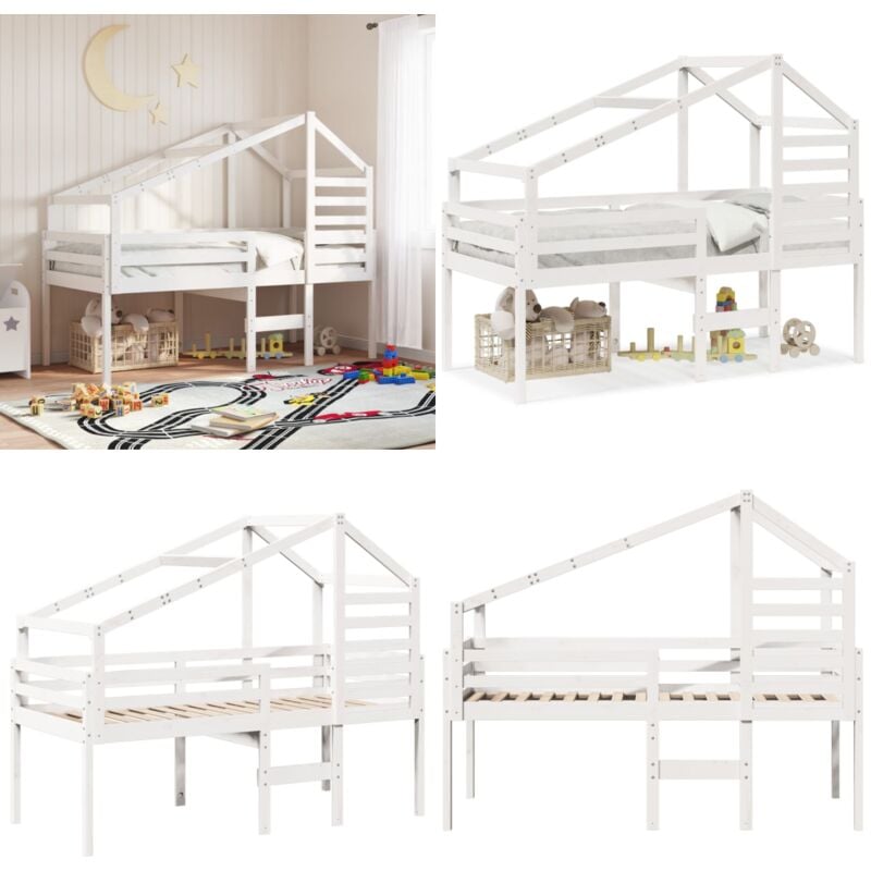 Hochbett mit Dach Weiß 90x200 cm Massivholz Kiefer - Kinderbett - Hochbett - Holzbett - Kiefernholzbett - Weißes Bett - Home & Living