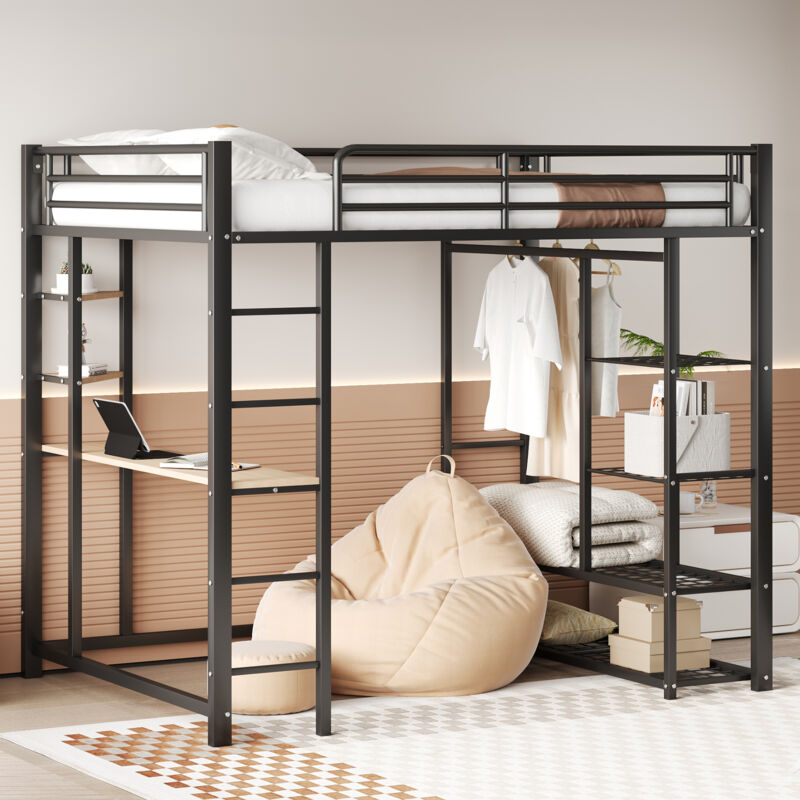 Hochbett aus Metall mit Leiter 140200 cm, Juniorbett Doppelbett mit Tisch mit Einzelkleiderbügeln mit Ablagefächern, schwarz
