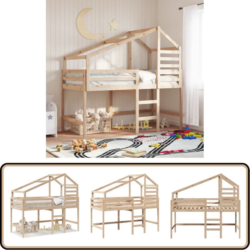 Hochbett mit Leiter und Dach 80x200 cm Massivholz Kiefer - Kinderhochbett - Holzbett - Kiefernholzbett - Jugendzimmermöbel - Loftbett