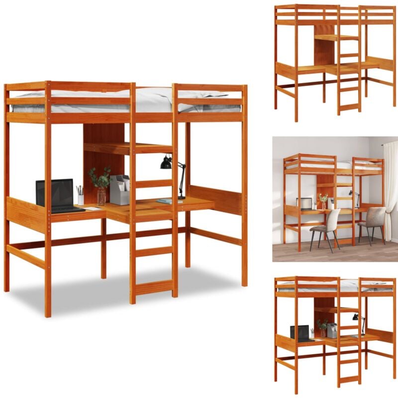Hochbett mit Schreibtisch & Ablagen Braun 90x200 cm Kiefernholz - Hochbett - Hochbetten - Etagenbett - Hochbettgestell