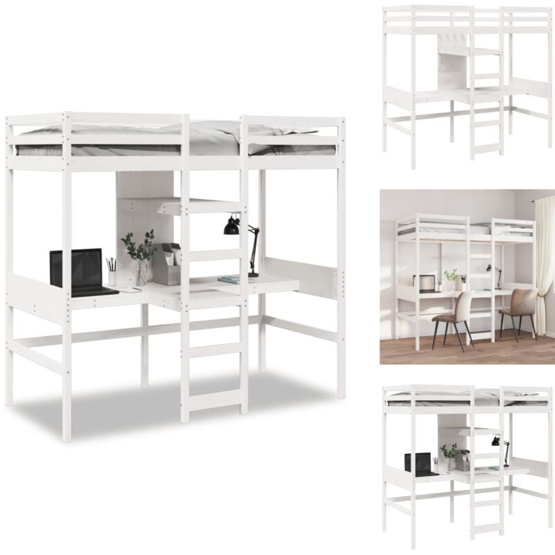 Hochbett mit Schreibtisch & Ablagen Weiß 90x200 cm Kiefernholz - Hochbett - Hochbetten - Etagenbett - Hochbettgestell