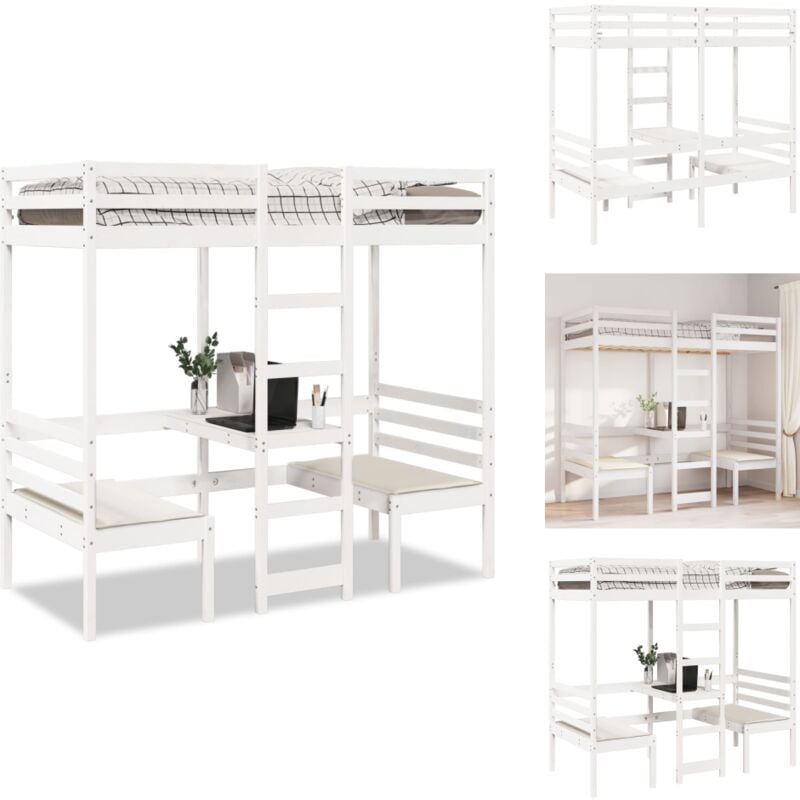 Hochbett mit Schreibtisch & Stühlen Weiß 90x200 cm Kiefernholz - Hochbett - Hochbetten - Etagenbett - Hochbettgestell