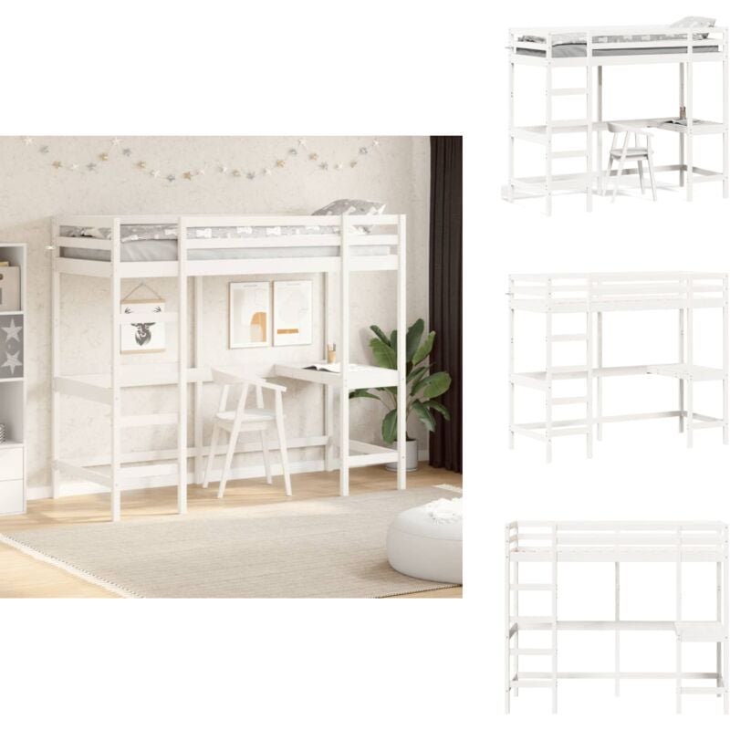 Hochbett mit Schreibtisch Weiß 75x190 cm Massivholz Kiefer - Hochbett - Jugendzimmer - Kinderschlafzimmer - Schreibtischbett - Holzbett