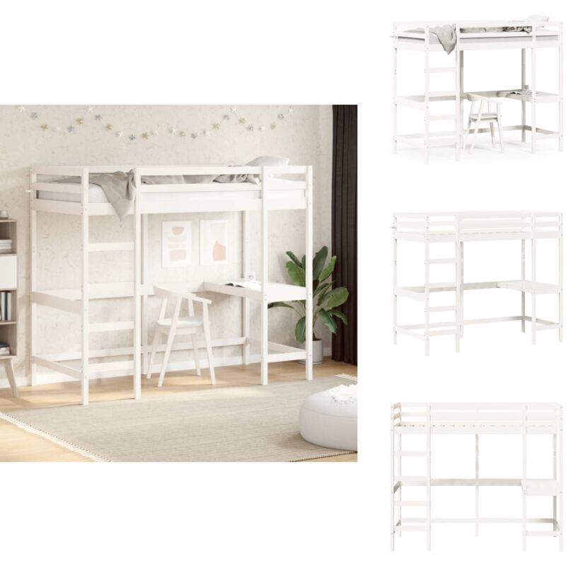Hochbett mit Schreibtisch Weiß 90x190 cm Massivholz Kiefer - Hochbett - Jugendzimmer - Kinderschlafzimmer - Schreibtischbett - Holzbett