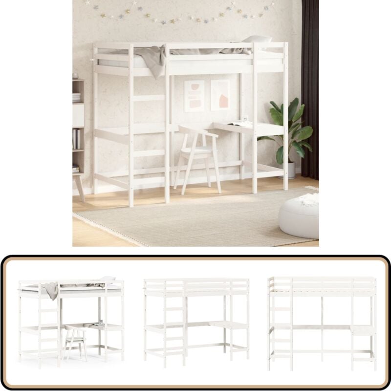 Hochbett mit Schreibtisch Weiß 90x200 cm Massivholz Kiefer - Hochbett - Jugendzimmer - Schreibtischbett - Kinderbett - Kiefernholz