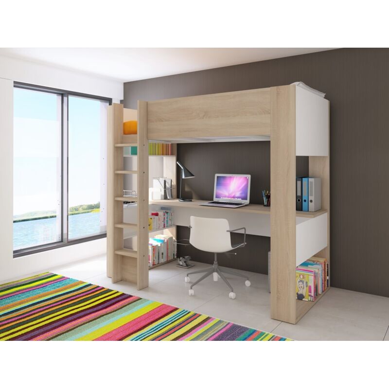 Hochbett 205x183 cm Eiche und Mattweiß mit Schreibtisch - Larice