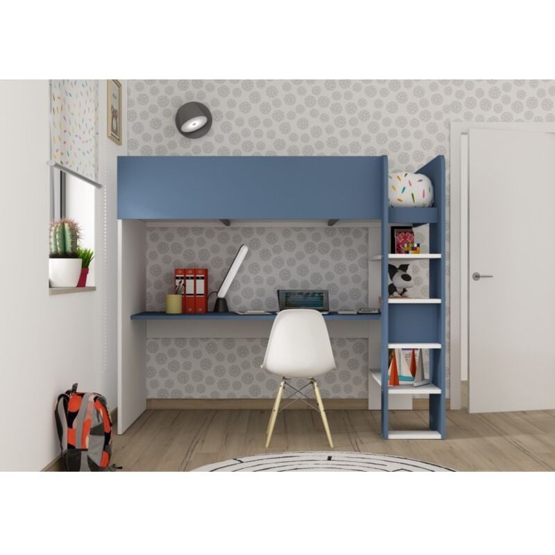Kinder-Hochbett in Rauchblau und Mattweiß mit Schreibtisch - Florida
