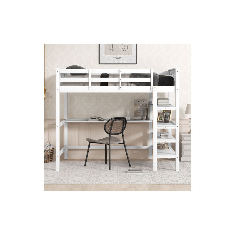 Hochbetten 140 x 200cm, Etagenbett, Kinderhochbett mit Ablagefächern und Unterbettschreibtisch, Weiß Kinsi