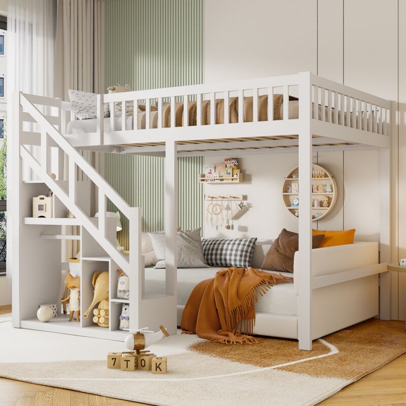 Hochbetten 90x200 cm, Hochbett für Kinder, 1 Platz, Treppe mit Stauraum, Holzlattenrost, Sicherheitsbarriere - Weiß