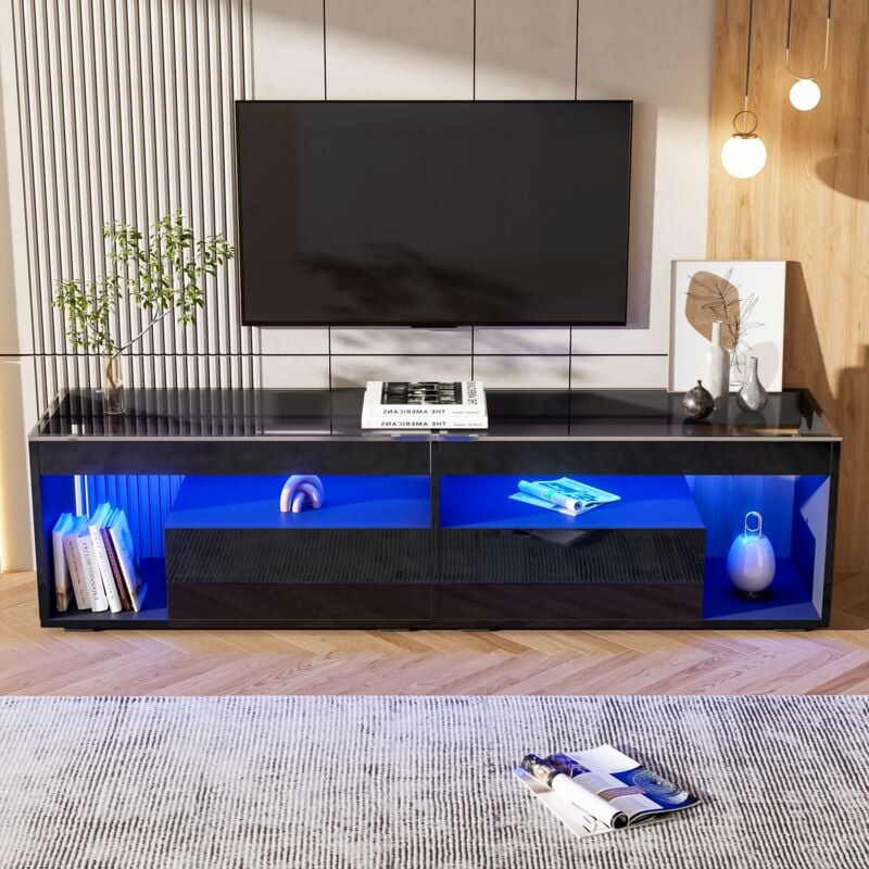 Hochglanz-LED-TV-Ständer, schwarzer Wohnzimmer-TV-Schrank mit 2 Schubladen, Konsolentisch, für Fernseher bis zu 70 Zoll – 180 x 40 x 46 cm