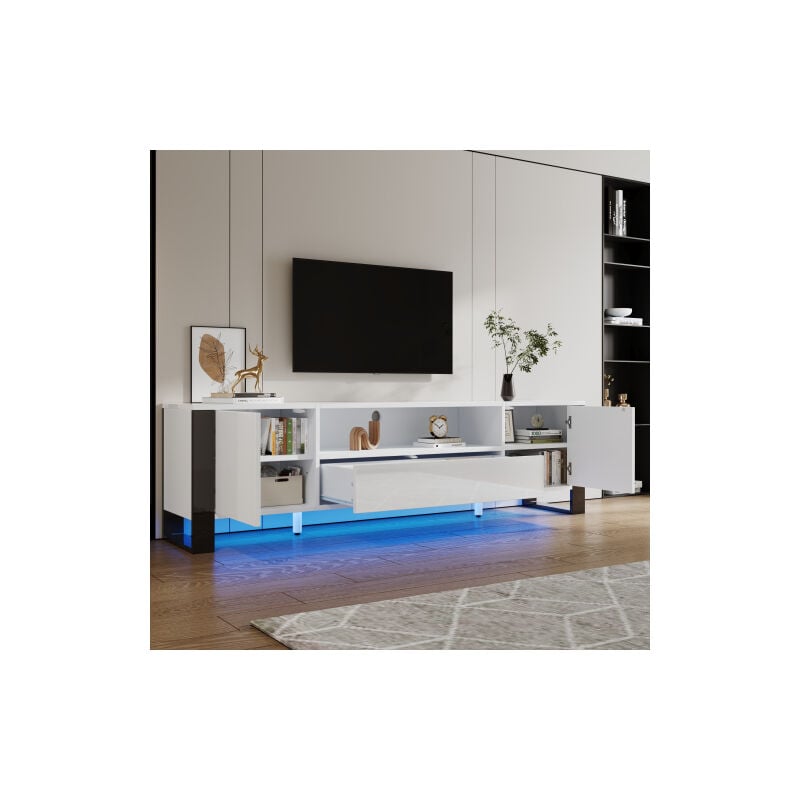 Okwish - Hochglanzweißer TV-Schrank mit LED-Beleuchtung und Stauraum, für Fernseher bis 70 Zoll, 178x40x54 cm