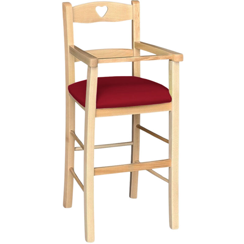 Hochstuhl aus naturfarbenem Holz mit gepolsterter Sitzfläche aus rotem Kunstleder