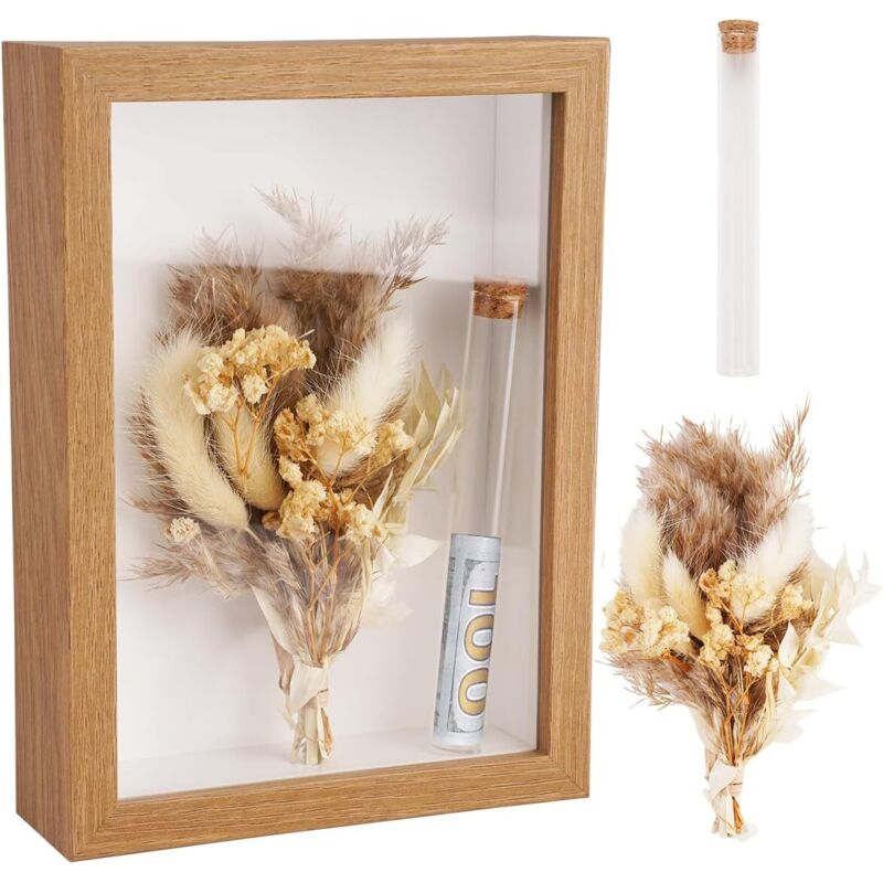 Hochzeitsgeschenk für Braut und Bräutigam, Silbernes Set mit Trockenblumen, Holzbox, Glasreagenzglas, zum Hochzeitstag, Silber zur Taufe