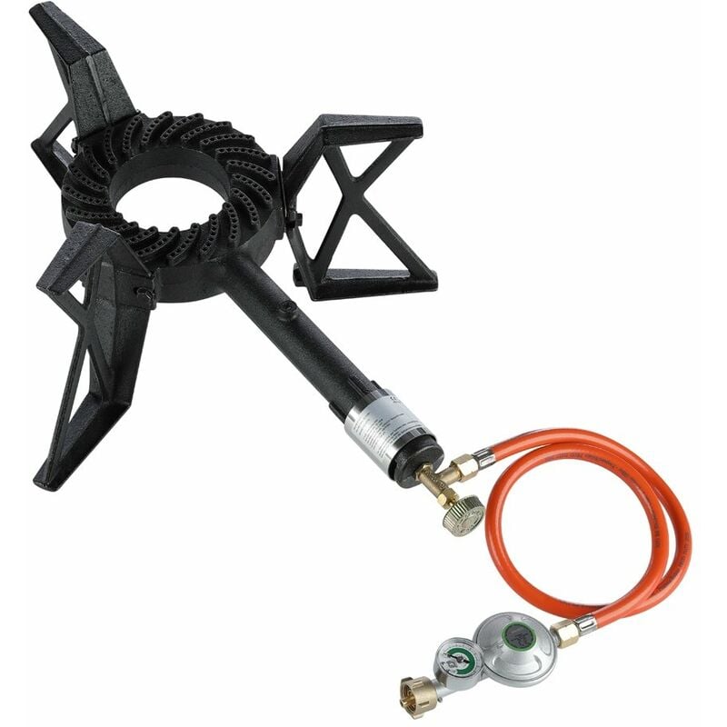 Hockerkocher 3 Bein Gaskocher + Gasschlauch Manometer 6,5KW Gasdruckregler Gasbrenner Gusseisen Stahl Campingkocher