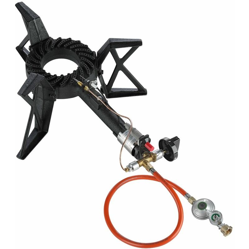 Hockerkocher Piezozündung 3 Bein + Gasschlauch Manometer 6,5KW Gasdruckregler Gasbrenner Gusseisen Stahl Gaskocher Campingkocher