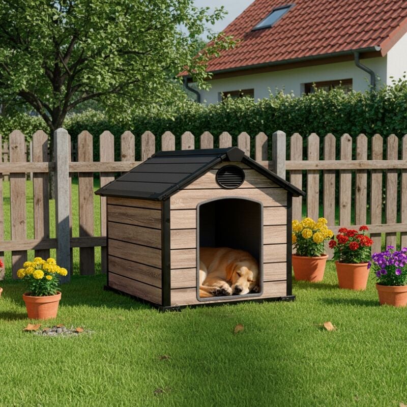 Hoggar - Hundehütte für den Außenbereich Oak O10 - 102x115x100cm - Boden inklusive - 2 Belüftungsöffnungen - UV-Schutz & wasserdicht – Holzoptik –