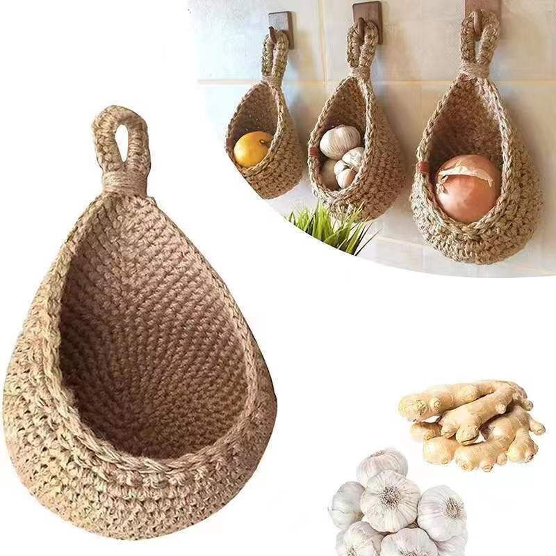 Höhe 18 cm, Breite 17 cm. Obst- und Gemüsekörbe zum Aufhängen an der Wand, tropfenförmiger handgeflochtener Obst- oder Gemüsekorb aus Jute, hängender