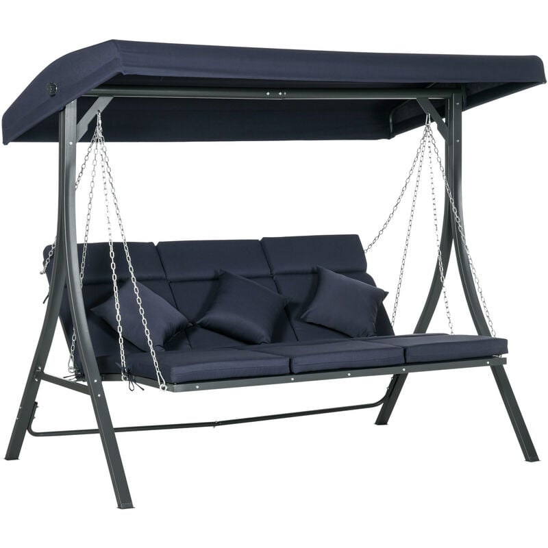 Hollywoodschaukel 3-Sitzer, Schaukelbank mit Verstellbarem Sonnendach, Gartenschaukel mit Kissen, bis 270 kg Belastbar, Metall, Texteline,