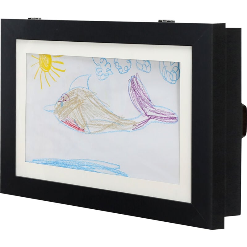 Holz Bilderrahmen befüllbar mit 50 Bilder in DIN A4 - schwarz - Wechselrahmen aufklappbar für Kinderzeichnungen - Bilderhalter Zeichnungen Bilder