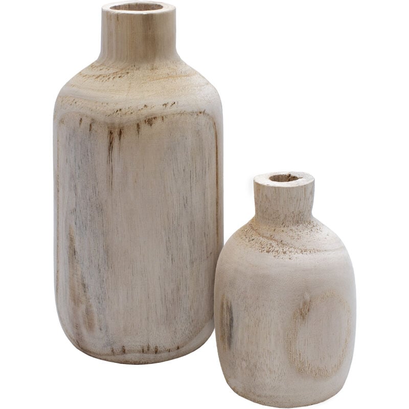Holz Blumenvase 2er Set mit bauchiger Form - je 1x 18 cm und 28 cm - Flasche Holzvase naturbelassen - Tischdeko Fensterdeko für Kunstpflanzen und