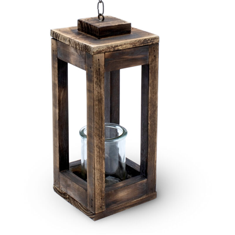 Holz Hänge Laterne mit Metall Kette - 31 cm - Deko Kerzenhalter mit Kerzenglas - Tisch Deko Leuchte Windlicht Kerzenhalter zum Aufhängen