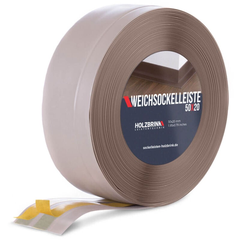HOLZBRINK Weichsockelleiste selbstklebend PVC 50x20mm, 25 m Winkelleiste für Küchenarbeitsplatte, Bodenbelag Eckleiste selbstklebend Farbe: Cappuccino