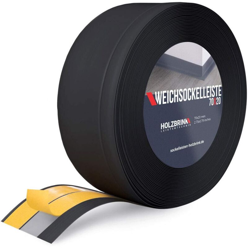 HOLZBRINK Weichsockelleiste selbstklebend PVC 70x20mm, 5 m Winkelleiste selbstklebend für Kantenschutz Sockelleiste Ecken PVC Farbe: Schwarz