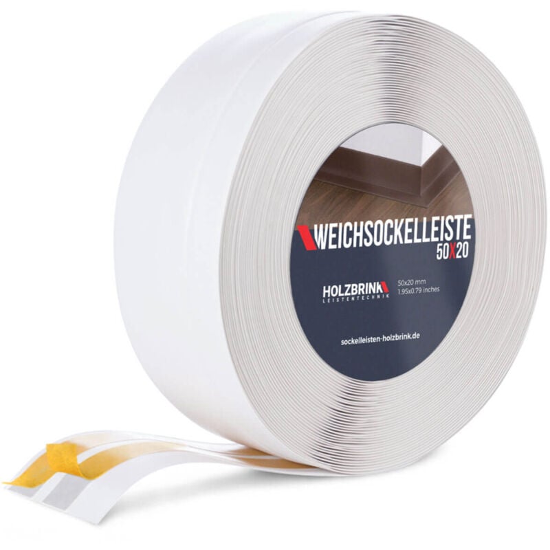 HOLZBRINK Weichsockelleiste selbstklebend PVC 50x20mm, 25 m Winkelleiste für Küchenarbeitsplatte, Bodenbelag Eckleiste selbstklebend Farbe: Weiß