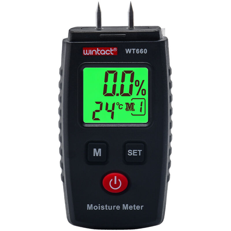Holzfeuchtemessgerät, Spindel-Holzfeuchtemessgerät mit 7 Messmodi, grünes LCD-Display mit Hintergrundbeleuchtung für Brennholz, Wände und