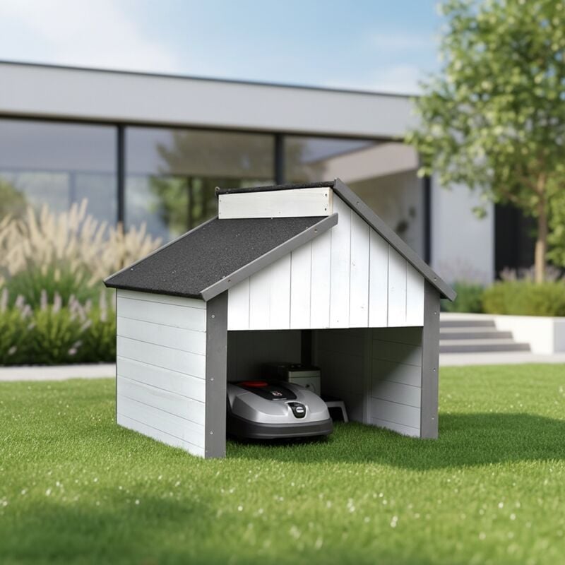 Holzgarage Mähroboter Grau / Weiß Garagen Dach Rasenroboter Carport Rasenmäher uv Schutz Mover Sonnenschutz Unterstand Gerätehaus