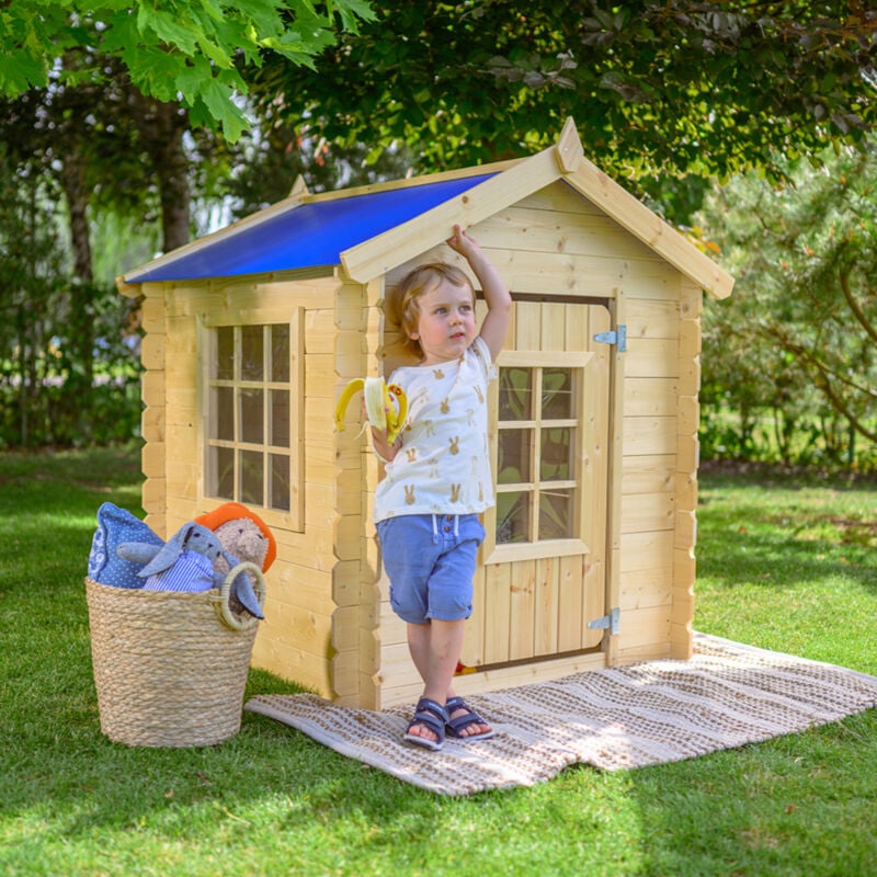Kinderspielhaus aus Holz -Spielhaus im Freien für Kinder (ohne Boden) - 111x114xH121 cm/0.9 m2 - (Die Dachfarbe ist blau) Timbela M570M-1
